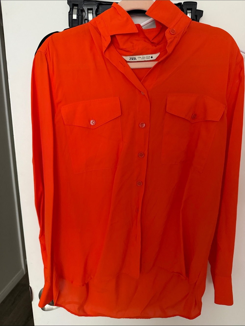 Zara Vivid Orange Utility Button-Up Shirt